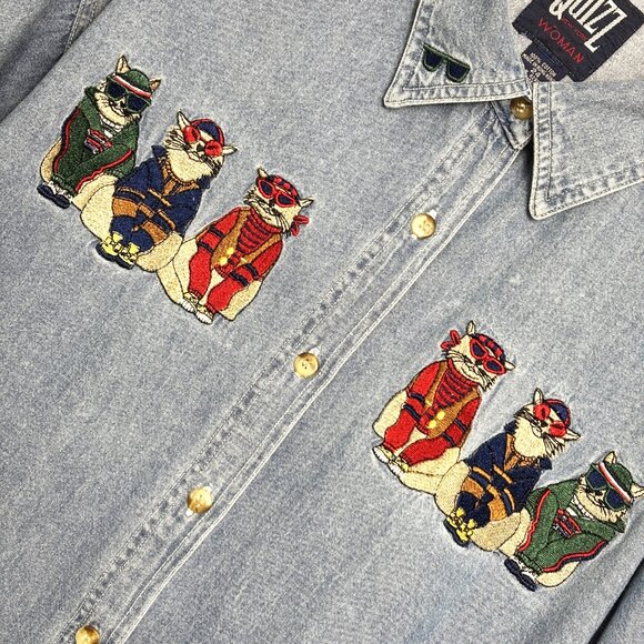 90's Denim Holiday Shirt – Embroidered Cats w/ Sweaters Button-Up Sz 24 VTG - Picture 7 of 15